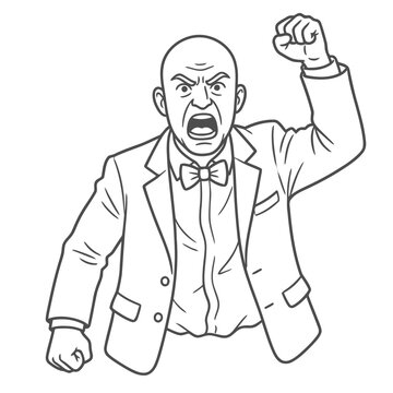 Angry bald man in suit shouting with fist raised