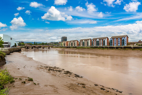 Modern Riverside Apartments along River Usk in Newport, Wales, UK
