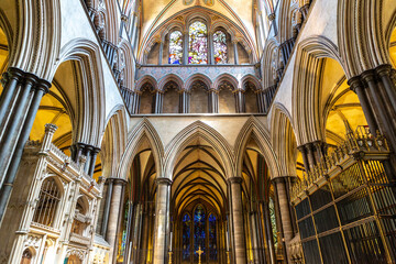 Fototapeta premium Indoor view of Salisbury Cathedral interior with Gothic Vaulted Ceiling in Salisbury, England, UK