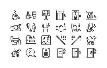 Fototapeta premium Accessible Facility Signs, line icon set featuring wheelchair symbol, accessible toilet, parking sign, elevator, ramp, restroom, reserved seat and assistance bell, covering disability access, public