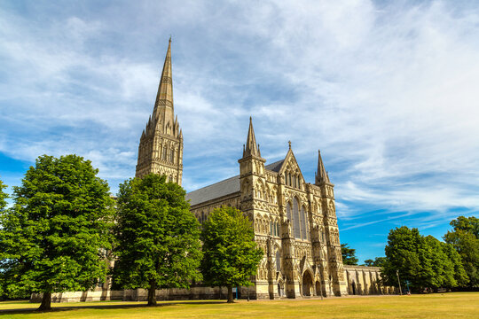 Salisbury Cathedral with Soaring Gothic Spire in Salisbury, Wiltshire, England, UK