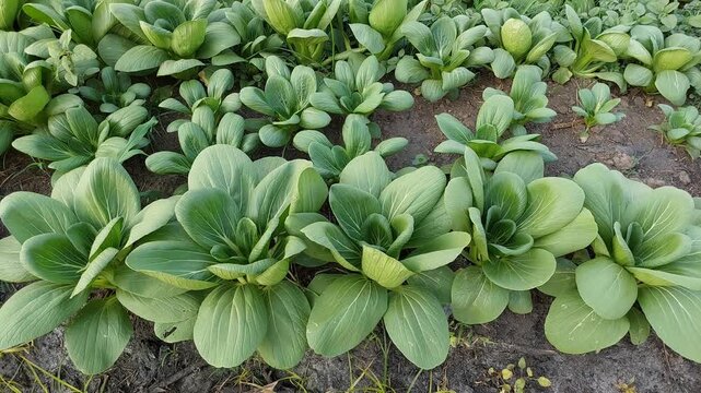 Green Bok Choy Vegetable Growing in Organic Garden, Healthy Bok Choy Plant with Green Leaves in Vegetable Garden