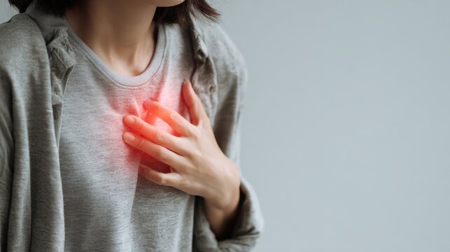 hand hold chest with heart attack symptoms, have chest pain caused by heart disease, leak, dilatation, enlarged coronary heart, press on the chest with a painful expression