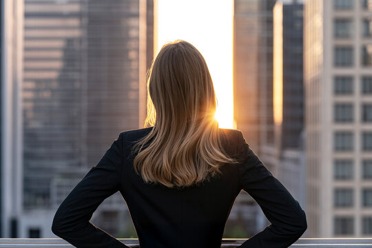 Businesswoman seen from behind, looking at office buildings with sunbeams in the background