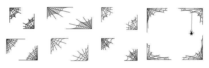 Halloween corner border set, transparent PNG spider web corners, spooky corner cobwebs, creepy corner frames, gothic corner decoration and line art dividers © MissKrakatay