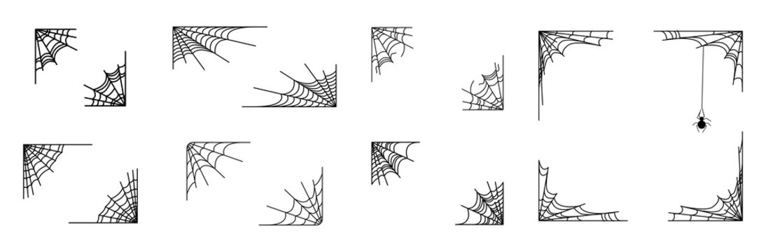Halloween corner border set, transparent PNG spider web corners, spooky corner cobwebs, creepy corner frames, gothic corner decoration and line art dividers