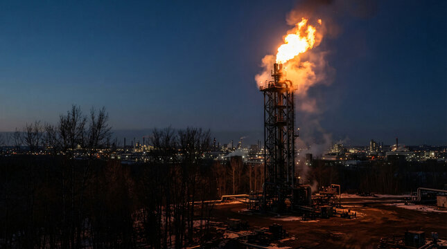 Dramatic wide-angle stock photo of an industrial gas flare burning from a tower stack. High-quality image of energy production or fuel processing fire flame under dark evening sky at dusk.