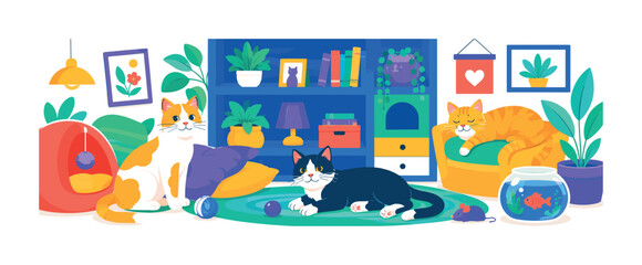 Naklejka premium Cats Interior Living, bright colorful flat vector banner, 3 expressive cats relaxing around an oversized shelf, houseplant and rug, supporting cushion, wall art, toy ball and fish bowl details,