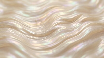 Fototapeta premium Iridescent Nacreous Pearl Texture In Soft Cream Beige Shades With Organic Fluid Waves Luxurious nacre surface with smooth natural sheen and gentle warm tones ideal for beauty product packaging