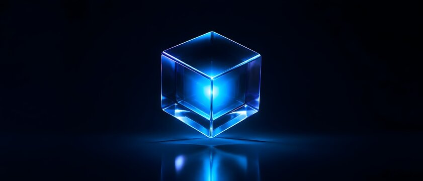 Abstract 3D glowing blue transparent glass cube in dark space reflecting light representing futuristic technology and innovation