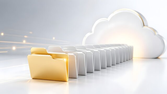 Golden premium file folder leading a row of white folders into a digital cloud representing data migration secure cloud storage and online backup