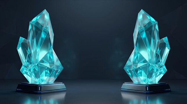 Symmetrical 3d digital artwork showing dual turquoise geometric crystal shapes positioned on opposing sides 3d render geometric cluster cyan turquoise abstract background render modern dynamic shapes
