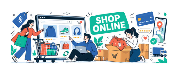 Fototapeta premium Online Shopping Journey, clean editorial banner scene with 3 geometric shoppers interacting with oversized e-commerce website and delivery box, supporting basket, payment card, sale tag and tracking