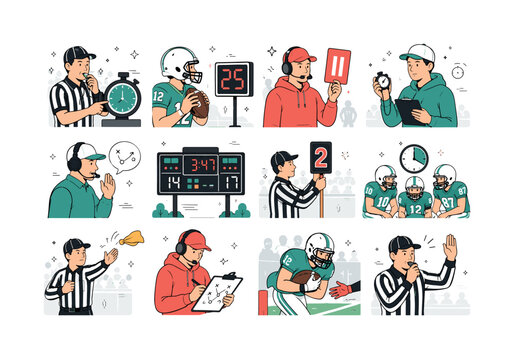 Game Clock Management. Football timing, play-clock awareness, timeouts, quarter changes, two-minute strategy, delay penalties, communication, and late-game decisions. 12 minimalist editorial vector