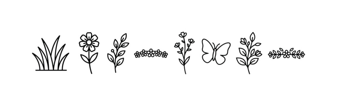 Wildflower Meadow Border, line icon set featuring grass tuft, wildflower, leaf sprig, blossom row, meadow stem, butterfly, botanical branch and floral divider, covering spring fields, summer banners,