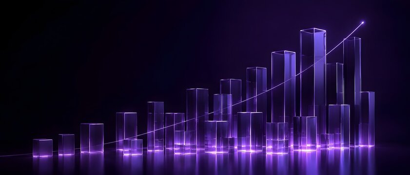 Futuristic glowing purple transparent bar chart with an upward laser line representing rapid business growth financial success and digital market surge