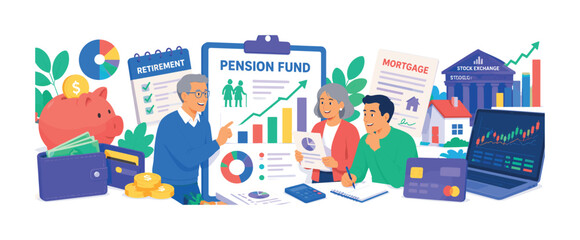 Fototapeta premium Retirement Finance Future, bright colorful flat vector banner, 3 expressive planners reviewing an oversized pension fund and growth chart, supporting piggy bank, savings wallet, mortgage document,