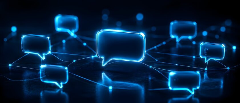 Glowing blue digital speech bubbles connected in a cyber network representing social media communication online forums and global chat