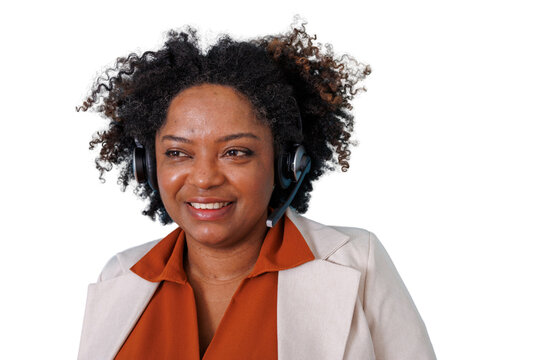 African american woman customer service agent wearing headset and smiling on transparent background