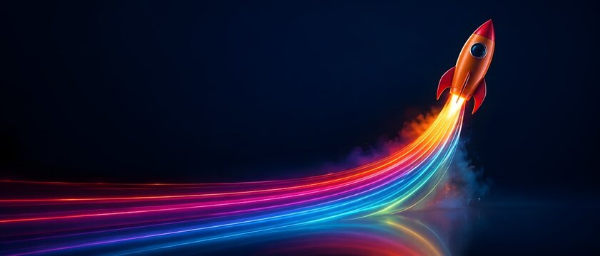 Orange and red rocket ship launching upward with a bright colorful light trail representing vibrant business startup energy rapid growth and dynamic success