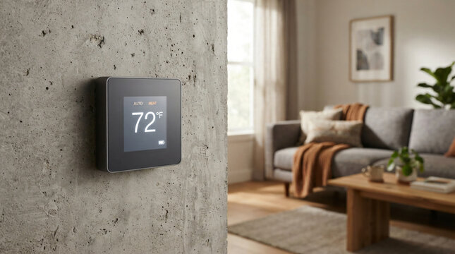 Commercial stock photo of a digital wall thermostat in a modern home. Minimalist screen display mounted on a concrete wall with a blurry cozy living room interior background.