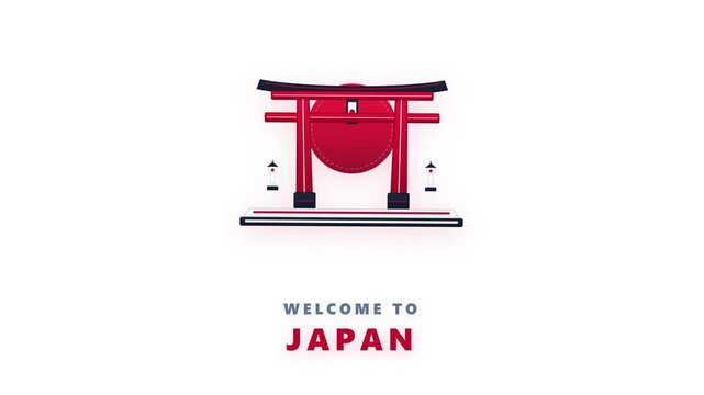 Animated Welcome to Japan Text with Traditional Red Torii Gate and Sun Graphic