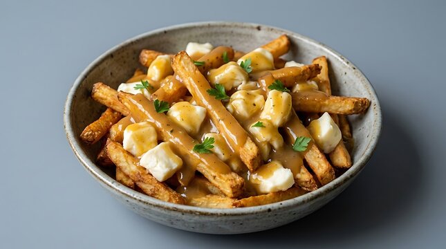 Traditional canadian poutine with crispy fries cheese curds and gravy