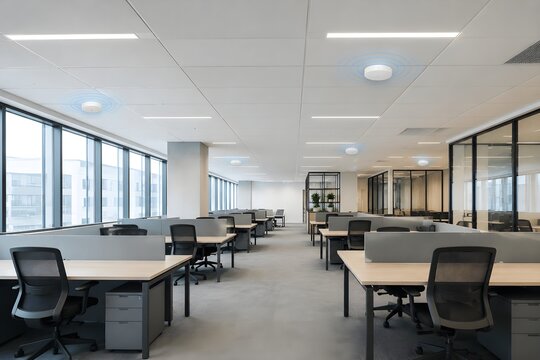Office Wi-Fi System with Ceiling Access Points Across Modern Workspace for Reliable Wireless Internet Coverage