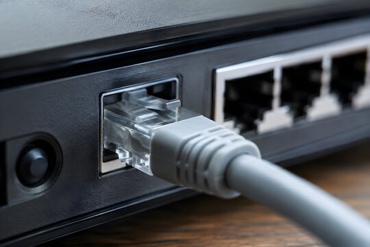 Ethernet Cable Securely Plugged Into Router Port Showcasing Reliable High Speed Network Connection and Performance