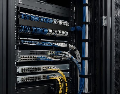 Server Cabinet Interior With Organized Network Equipment Patch Panels and Cabling for Reliable Data Infrastructure