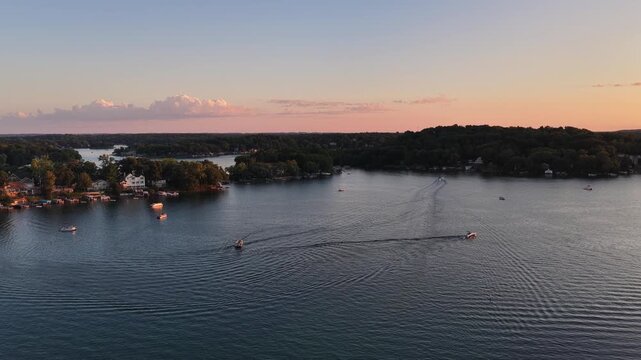  Aerial Twilight View of Boat Wake on Lauderdale Lakes, in elkhorn, Wisconsin