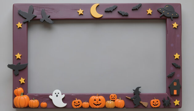 Halloween decorative purple frame with pumpkins, bats and copy space