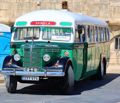 VALLETTA MALTA: Tourist shop in vintage Maltese bus. Old Classic Bedford bus manufactured by Vauxhall Motors 