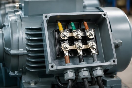 Industrial Motor Connection Box with Neatly Connected Power Cables for Clean Reliable Machinery Electrical Systems