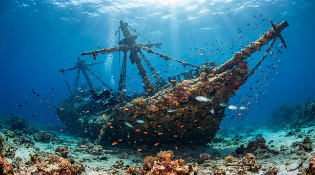Majestic wide-angle stock photo of an old wooden shipwreck on the ocean floor. Deep blue underwater exploration background with colorful coral reefs, tropical fish, and filtering sunbeams.