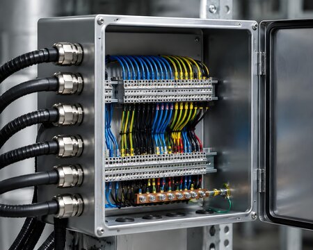 Electrical Connection Cabinet Features Multiple Cable Glands Organized Internal Wiring and Professional Power Distribution Setup