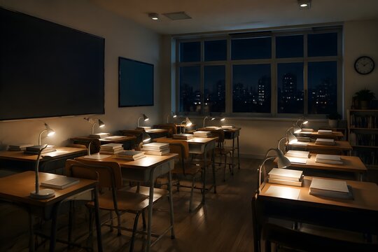 Empty Tuition Classroom at Night With Illuminated Desks Creating Calm Focused Academic Learning Environment Indoors