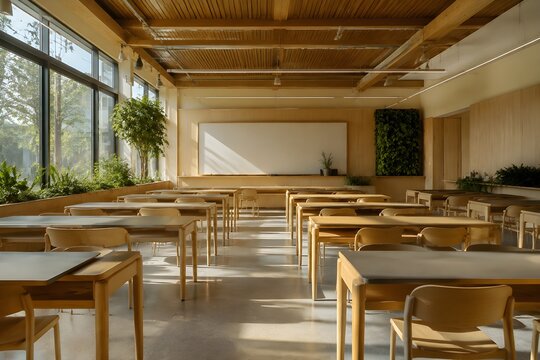 Sustainable Tuition Classroom With Natural Materials Plants Daylight and Empty Desks for Eco Friendly Learning