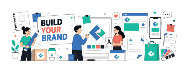Naklejka premium Logo Branding Services — clean editorial banner, 3 geometric characters creating an oversized logo mark and brand identity board with stationery, product package, web banner, mobile app, presentation