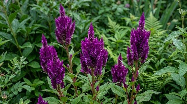 Vibrant Purple Feathered Celosia Bloom Clusters Growing Naturally Among Rich Green Leafy Garden Foliage Background celosia purple flowers garden green foliage natural plants bloom cockscomb
