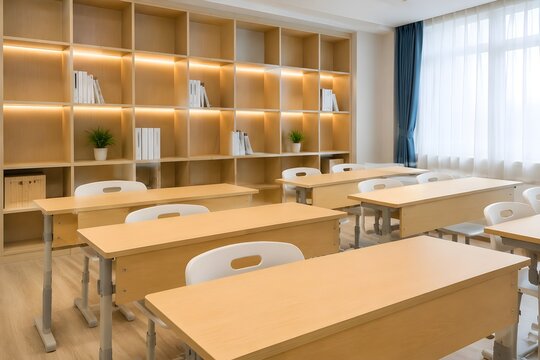 Tuition Classroom with Wall Shelves, Empty Books, Study Tables, and Organized Modern Educational Interior Design