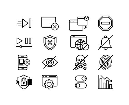 Ad Blocking Controls, line icon set featuring skip button, blocked ad, pop-up window, stop sign, video player, spam shield, browser filter, notification mute and mobile ad control, covering online