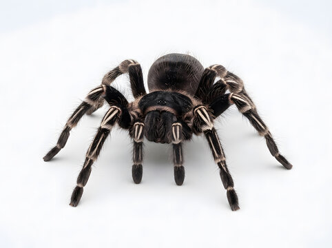 Close-up macro shot of zebra tarantula spider in alert defensive stance on white background