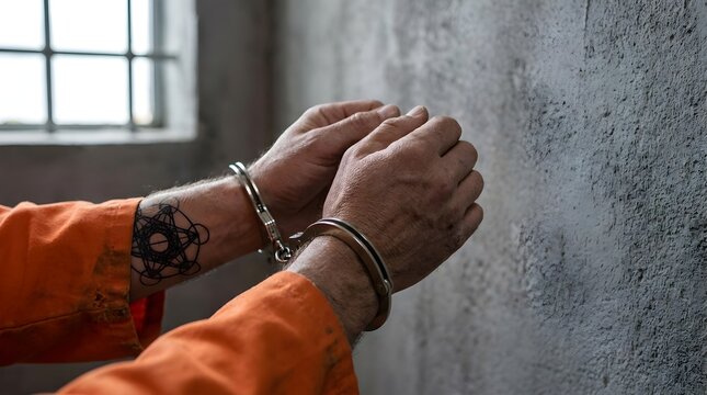Arrested man in orange jumpsuit with metal handcuffs in prison cell.