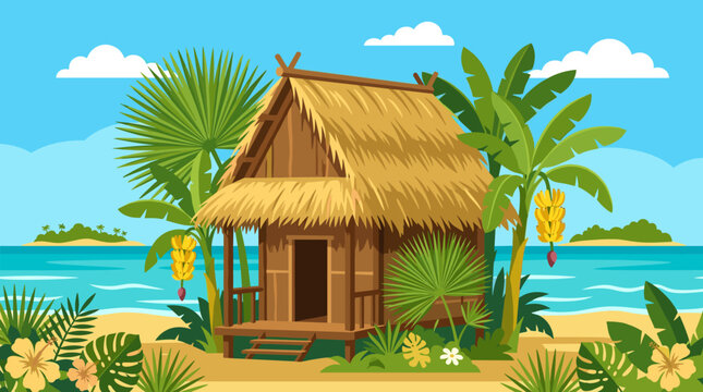 Tropical beach hut with banana trees and lush vegetation by the ocean