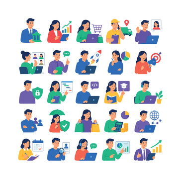 Modern Professional Activities &mdash; bright flat vector icon set, 25 colorful isolated people icons in a 5x5 grid showing banker, financial analyst, ecommerce manager, delivery coordinator, video caller,