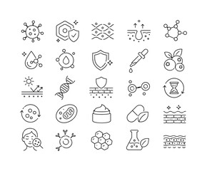 Fototapeta premium Antioxidant Skin Science, line icon set of 20 clean outline icons featuring free radical, cell protection, collagen mesh, skin detox, molecular structure, vitamin, shield, serum pipette, blueberry, UV