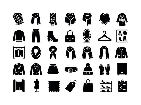 BLANKET SCARF STYLING. Solid glyph icon set of blanket scarf styling: plaid blanket scarf, solid scarf, belted scarf, shoulder wrap, neck wrap, poncho style, trench coat, sweater, jeans, ankle boots,