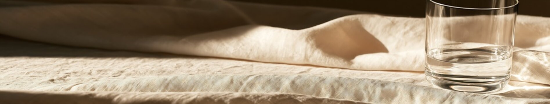 Beige linen fabric backdrop with clear glass of water and warm sunlight for product photography