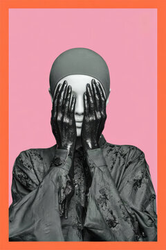 Surreal fashion portrait of a pale figure hiding its eyes behind hands coated in thick black liquid on a pink panel